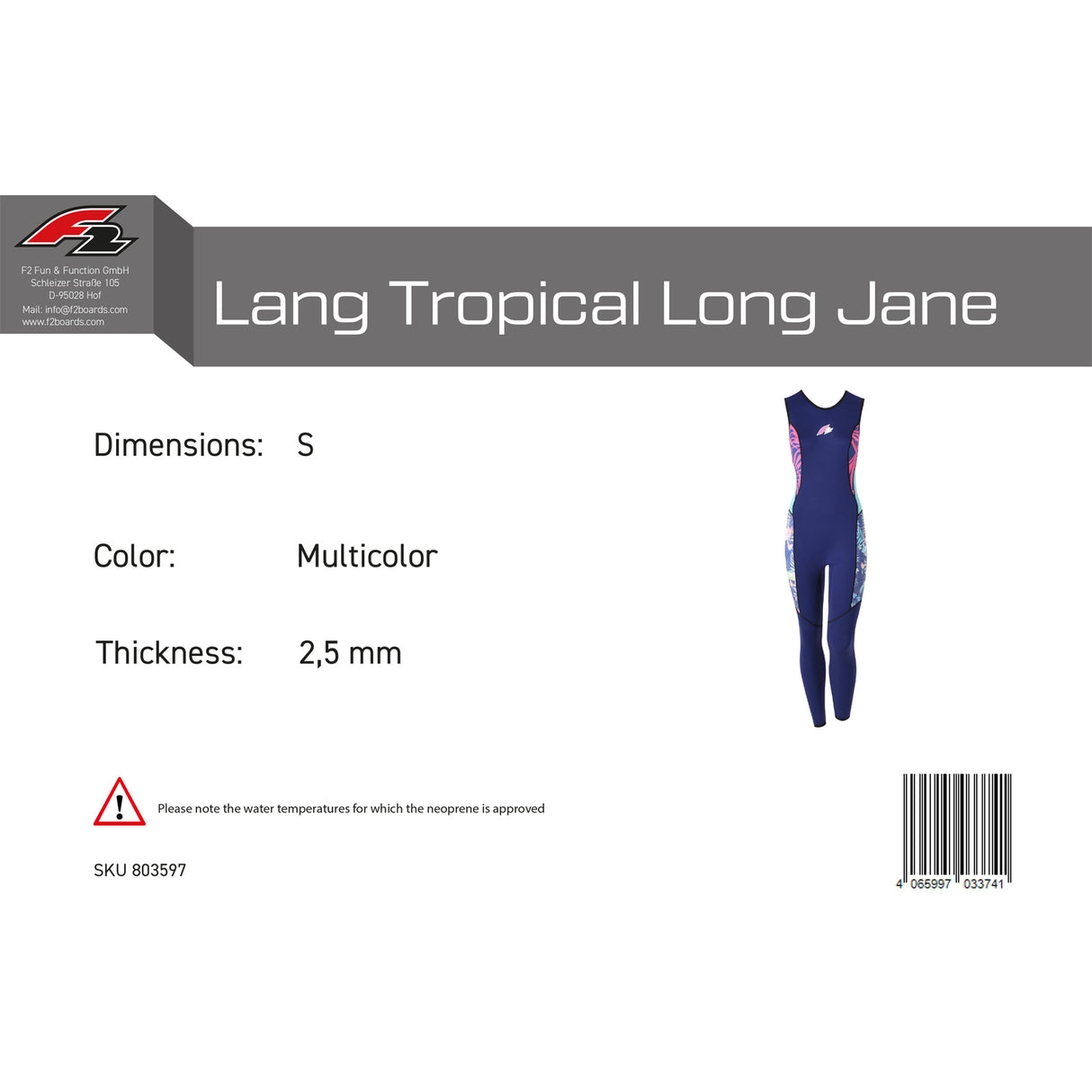 F2 Damen Neopren Anzug Lang Tropical Long Jane 2,5mm Größe wählbar Multicolor
