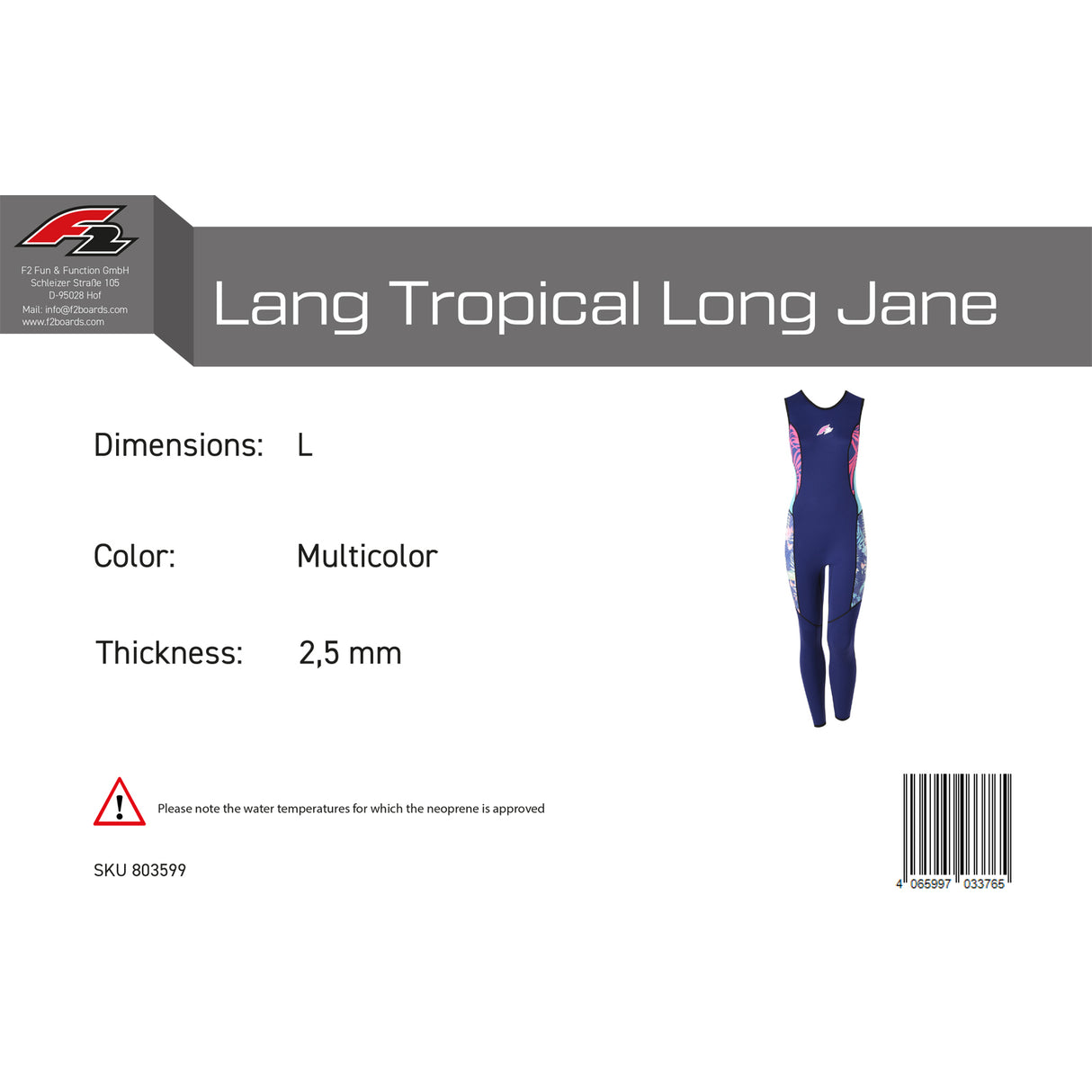 F2 Damen Neopren Anzug Lang Tropical Long Jane 2,5mm Größe wählbar Multicolor