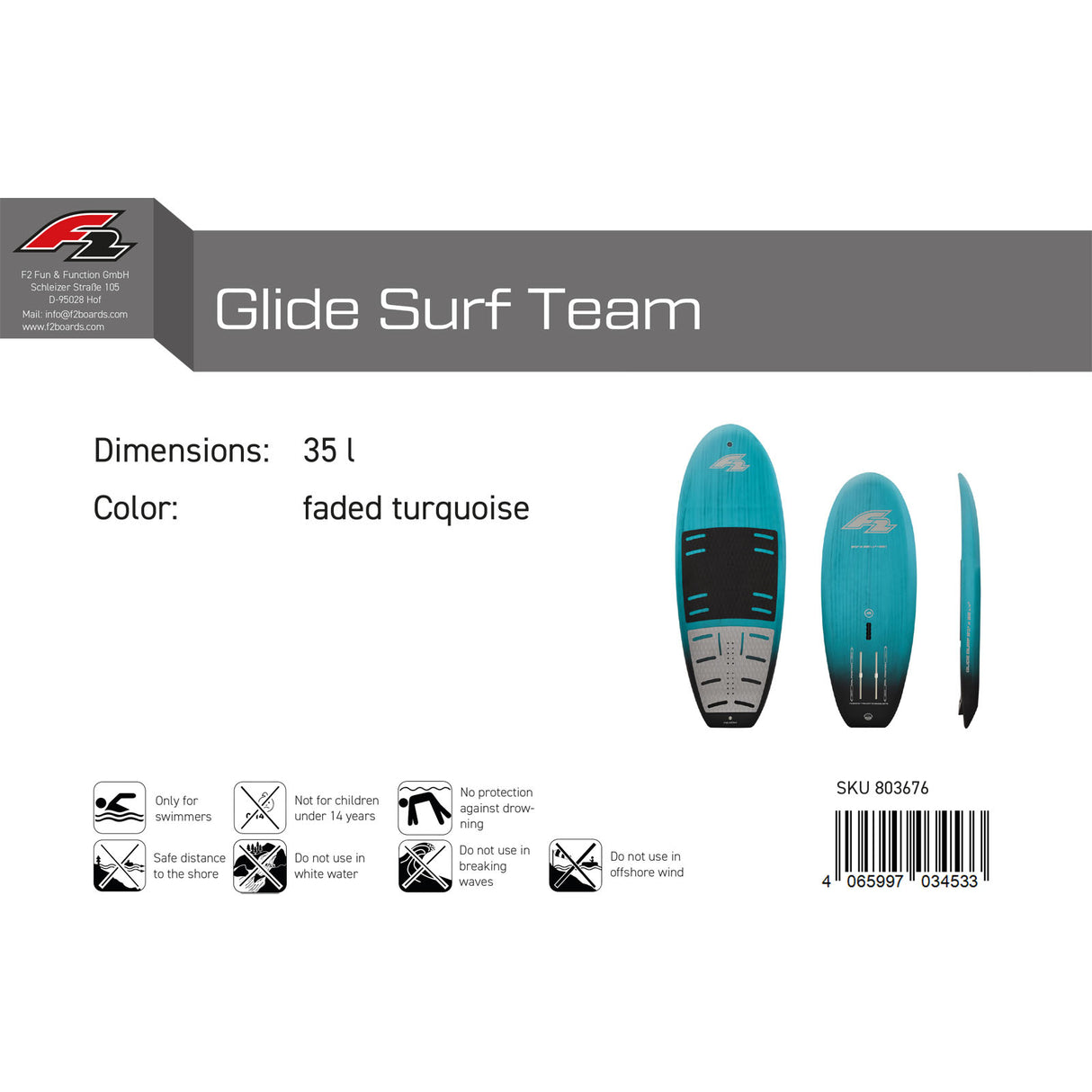 F2 Foil Board Glide Surf Team 35-95L Größe wählbar Türkis 2024/25