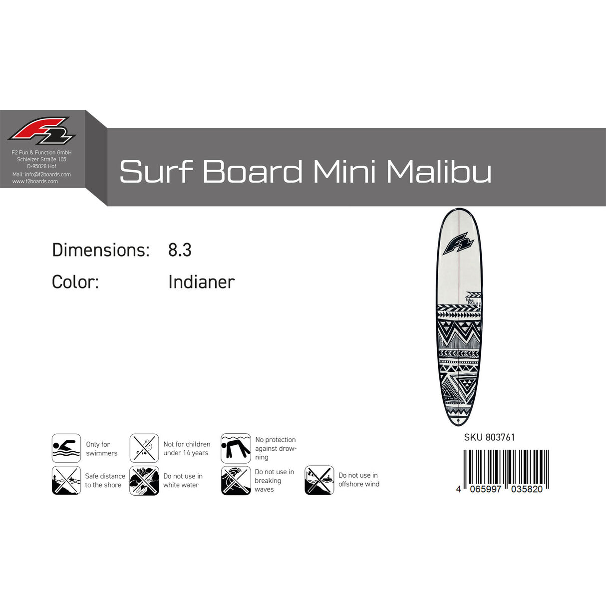 F2   Wellenreiter Surf Board Mini Malibu  8,3 Indianer