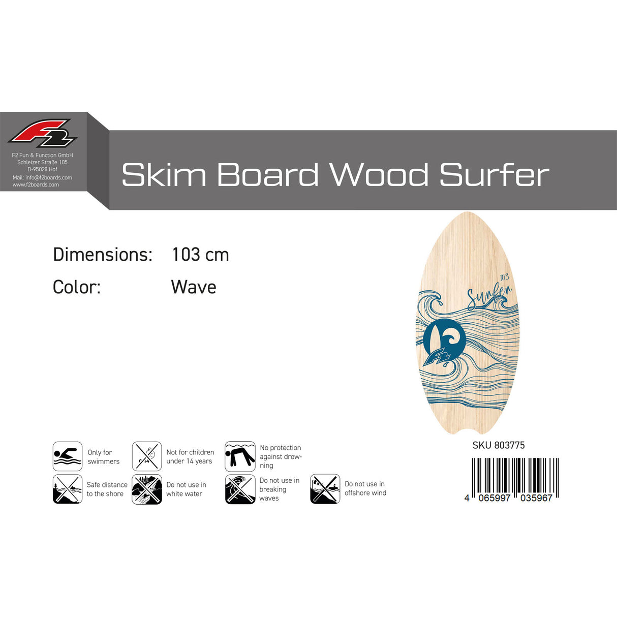 F2 Skimboard Skim Board Wood Surfer Modell wählbar (103cm Blau - 90cm Rot) 2025