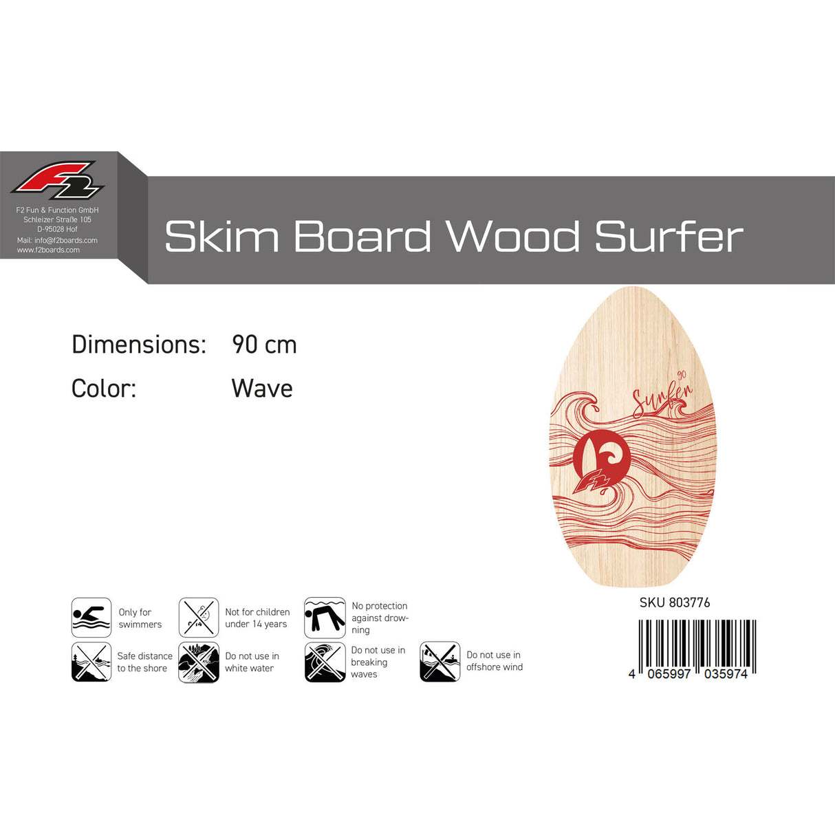 F2 Skimboard Skim Board Wood Surfer Modell wählbar (103cm Blau - 90cm Rot) 2025