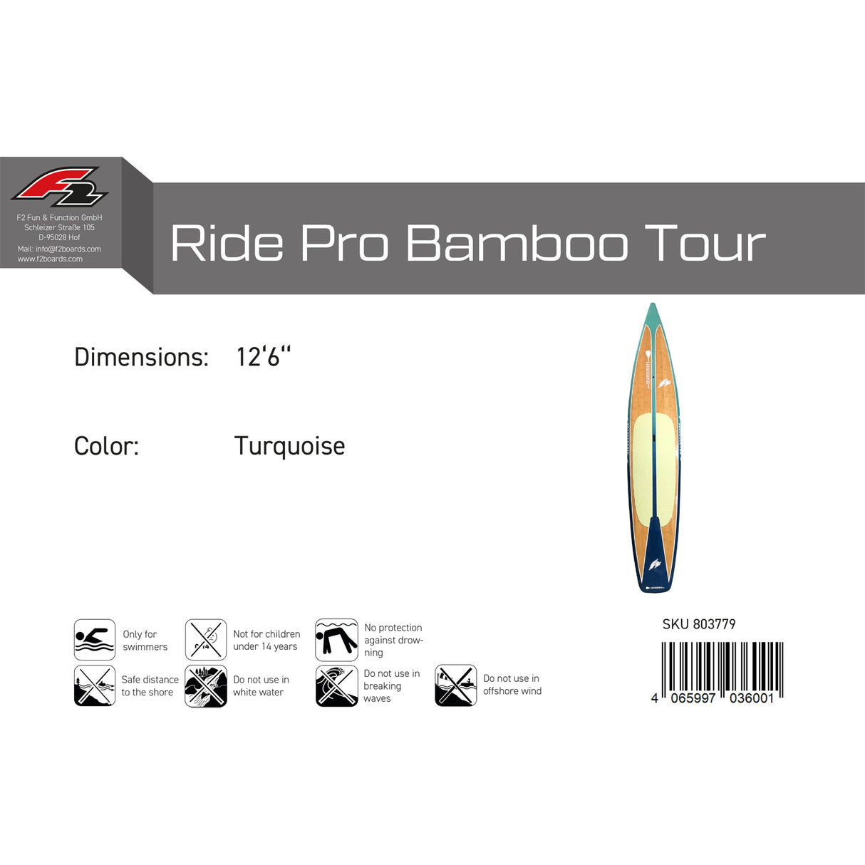 F2 Hard SUP Ride Pro Bamboo Tour 12'6"/14'0" wählbar Türkis 2024/25