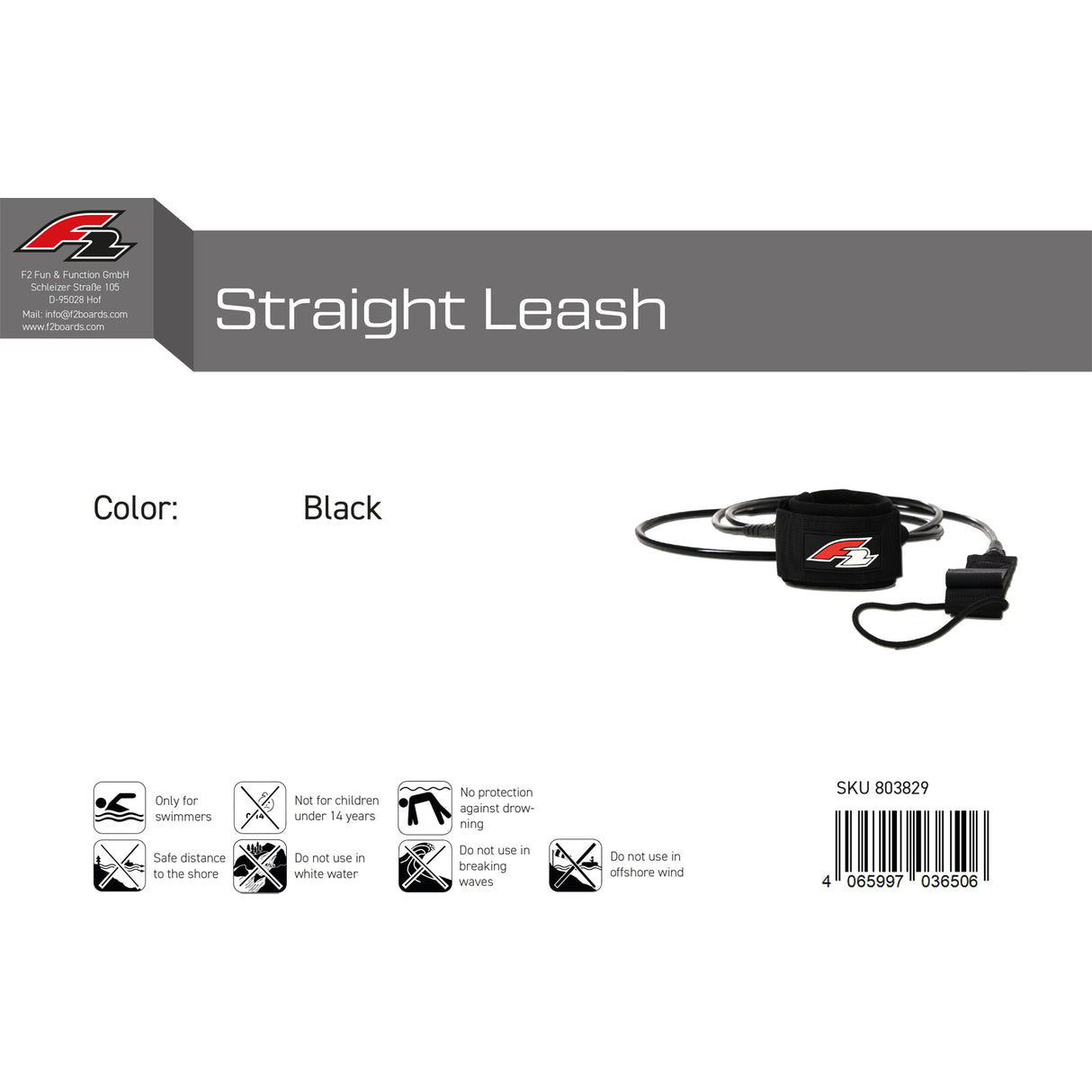 F2   Stand Up Paddling Leash Fuß Straight Leash   Schwarz 2024/25