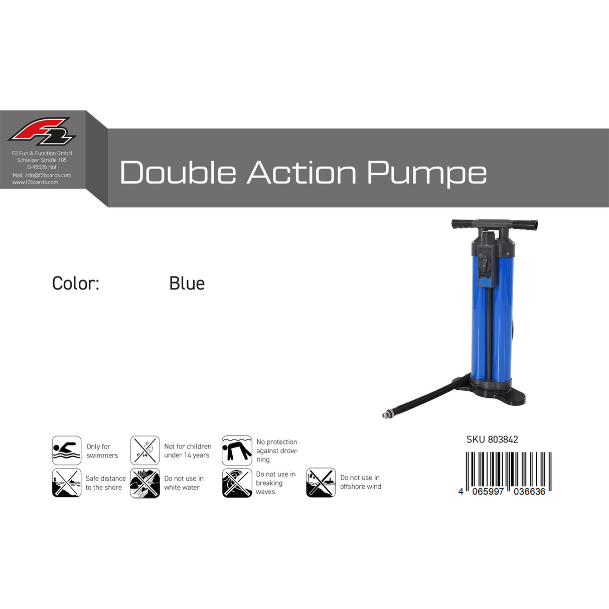 F2   Pumpe Double Action Pumpe  SUP Kite Paddelboot Blau