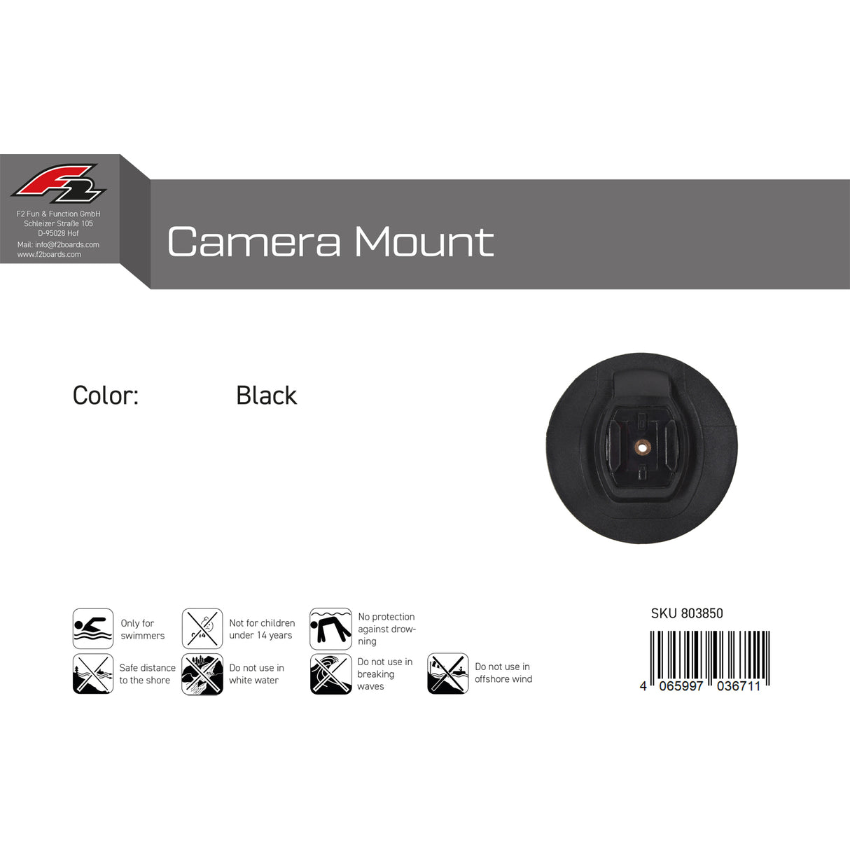 F2 Camera Mount SUP Kamera Halterung Stand Up Paddle Zubehör Schwarz 2024/25