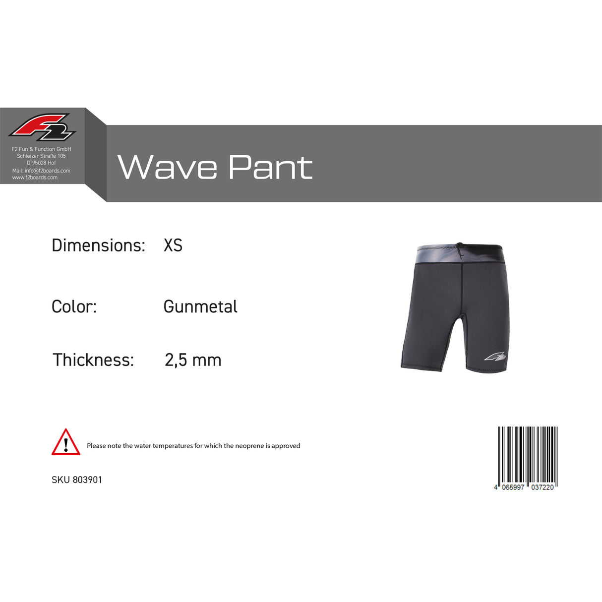 F2 Herren Neopren Hose Wave Pant 2,5mm XS-XXL Größe wählbar Anthrazit 2024/25