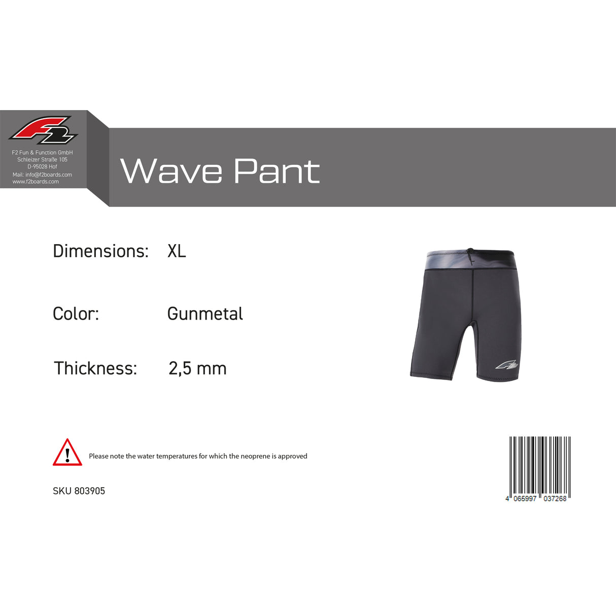 F2 Herren Neopren Hose Wave Pant 2,5mm XS-XXL Größe wählbar Anthrazit 2024/25