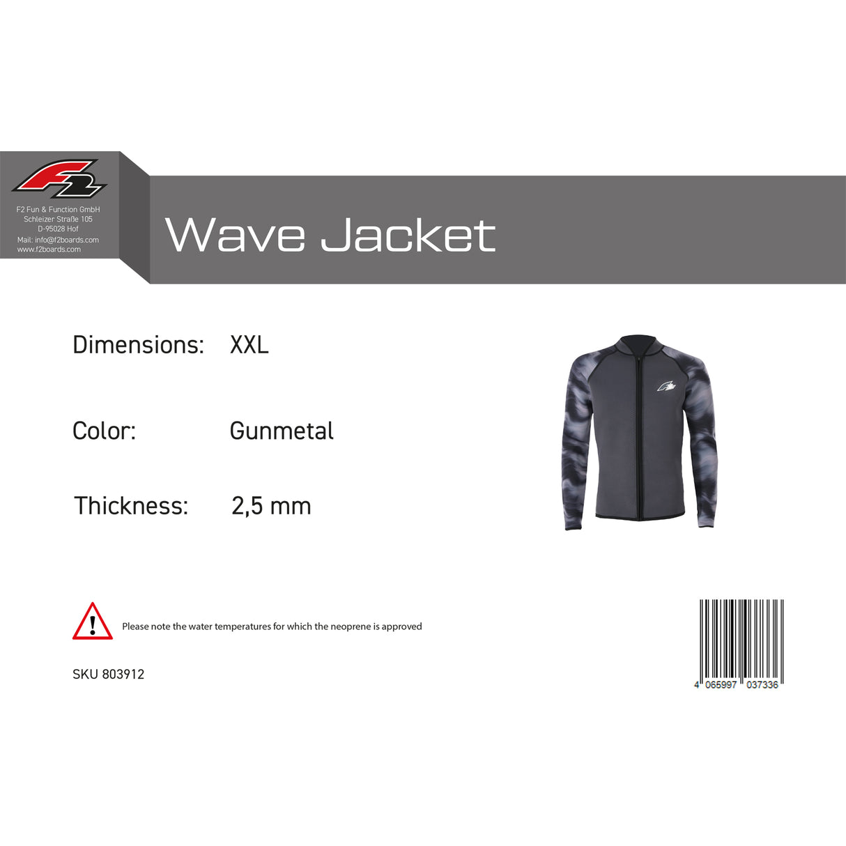F2 Herren Neopren Oberteil Wave Jacket 2,5mm XS-XXL Größe wählbar Anthrazit