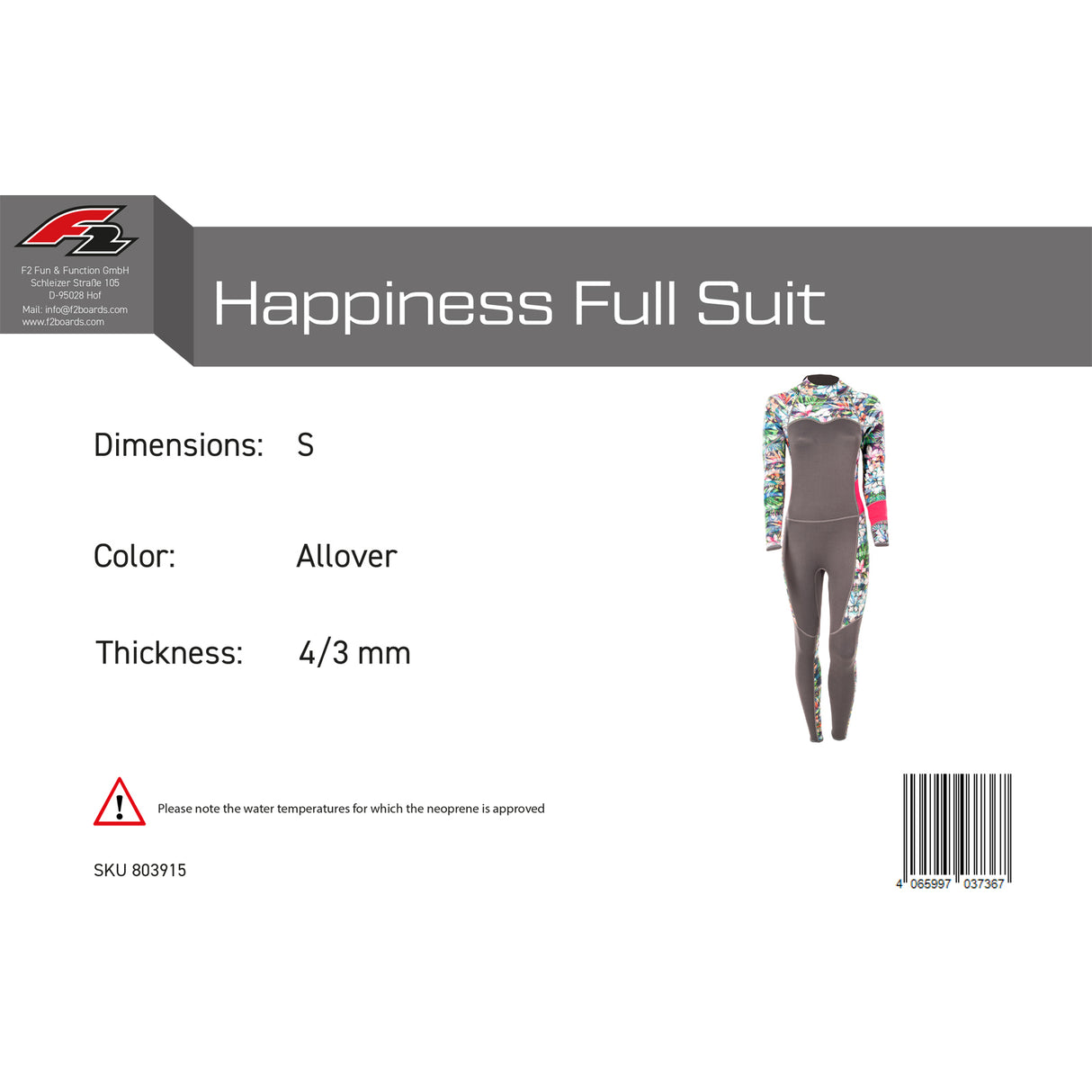 F2 Damen Neopren Anzug Happiness Full Suit 4/3mm XXS-XL Größe wählbar Multicolor