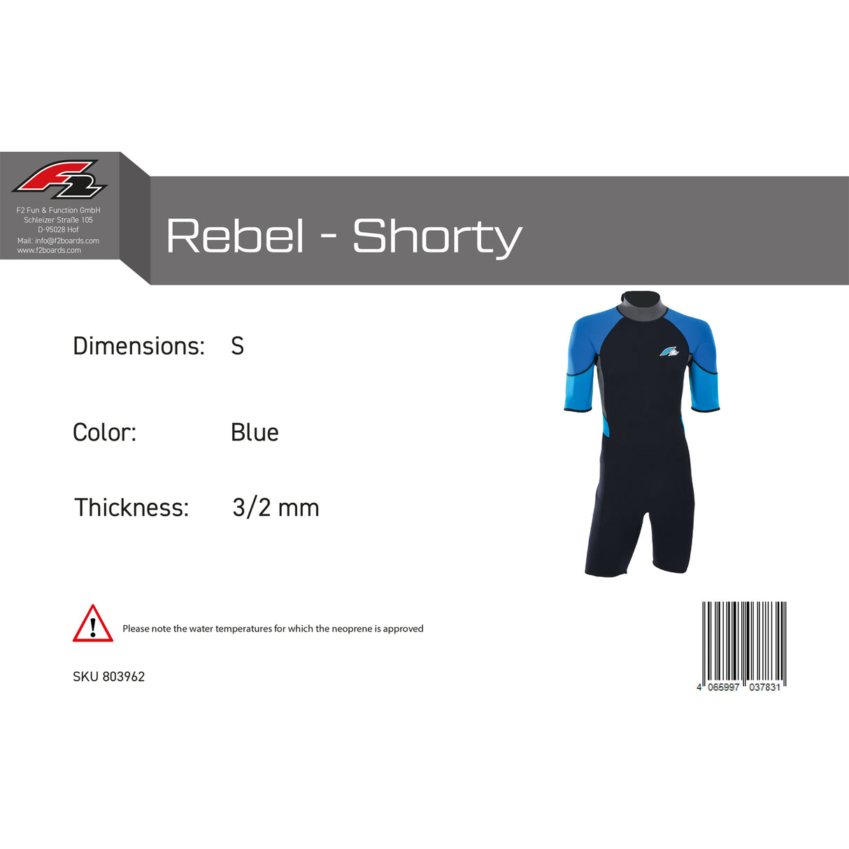 F2 Herren Neopren Anzug Rebel - Shorty 3/2 mm Farbe/Größe wählbar 2024/25