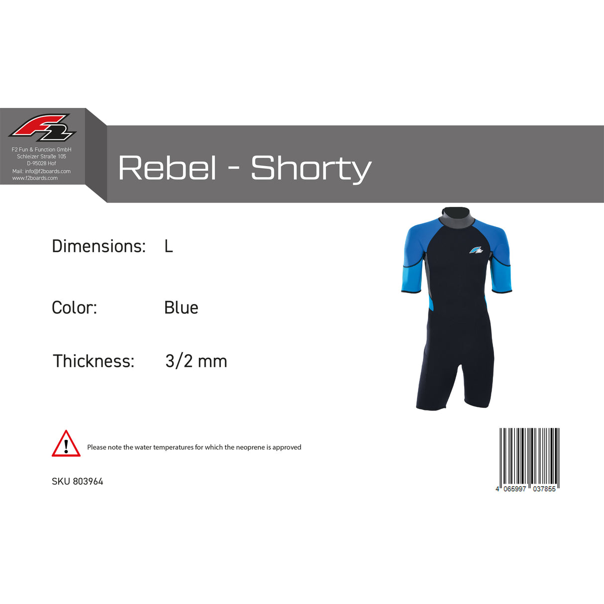 F2 Herren Neopren Anzug Rebel - Shorty 3/2 mm Farbe/Größe wählbar 2024/25