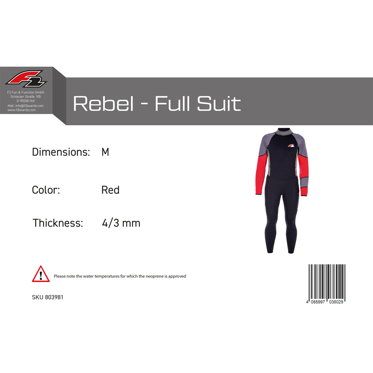 F2 Herren Neopren Anzug Rebel - Full Suit 4/3 mm Farbe/Größe wählbar 2024/25