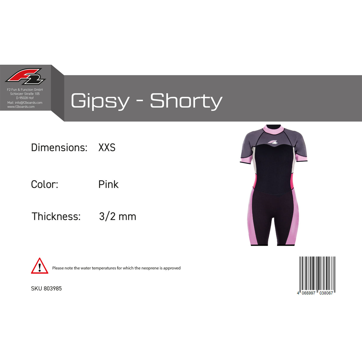 F2 Damen Neopren Anzug Gipsy - Shorty 3/2 mm Farbe/Größe wählbar 2024/25