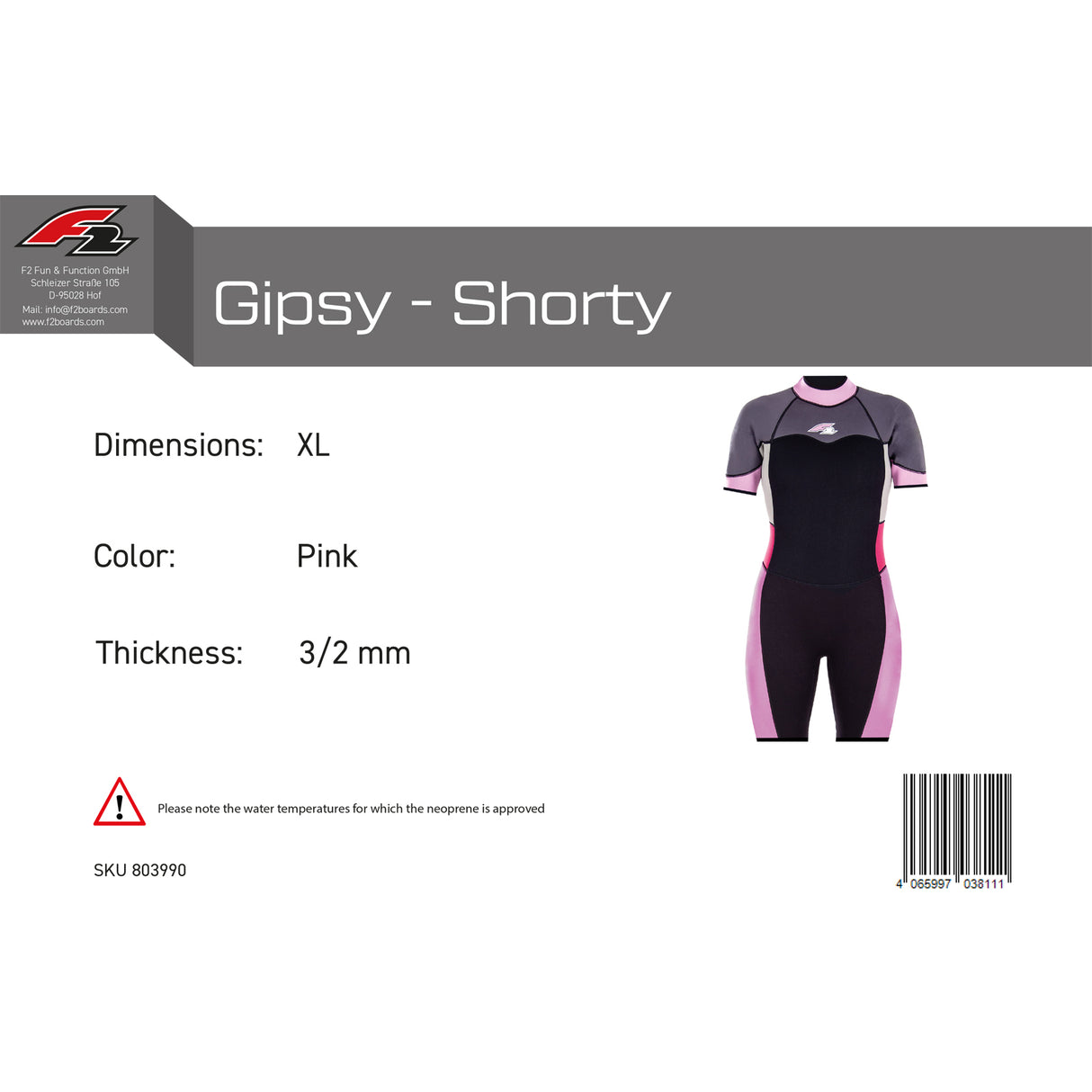 F2 Damen Neopren Anzug Gipsy - Shorty 3/2 mm Farbe/Größe wählbar 2024/25