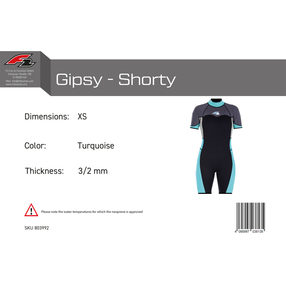 F2 Damen Neopren Anzug Gipsy - Shorty 3/2 mm Farbe/Größe wählbar 2024/25