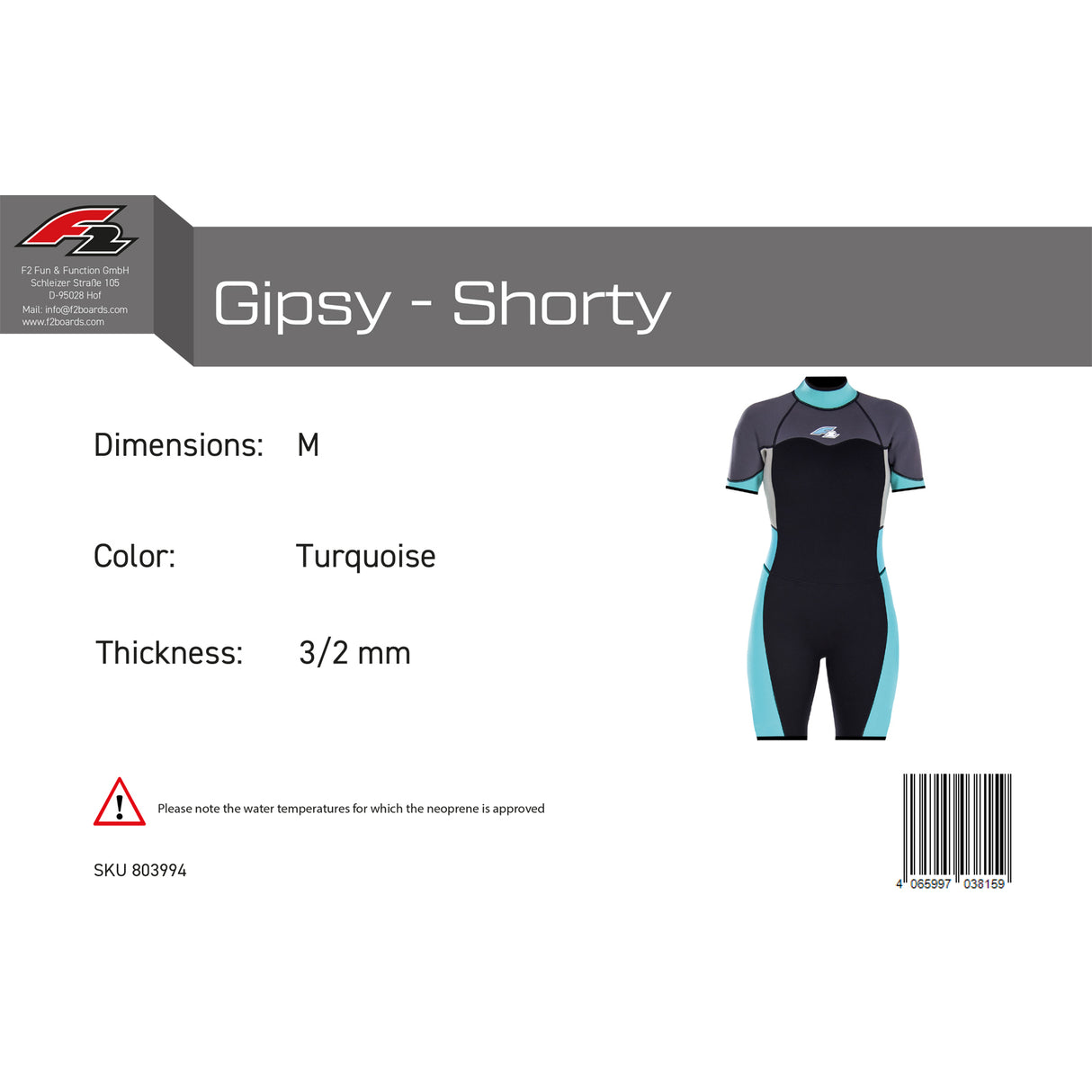 F2 Damen Neopren Anzug Gipsy - Shorty 3/2 mm Farbe/Größe wählbar 2024/25