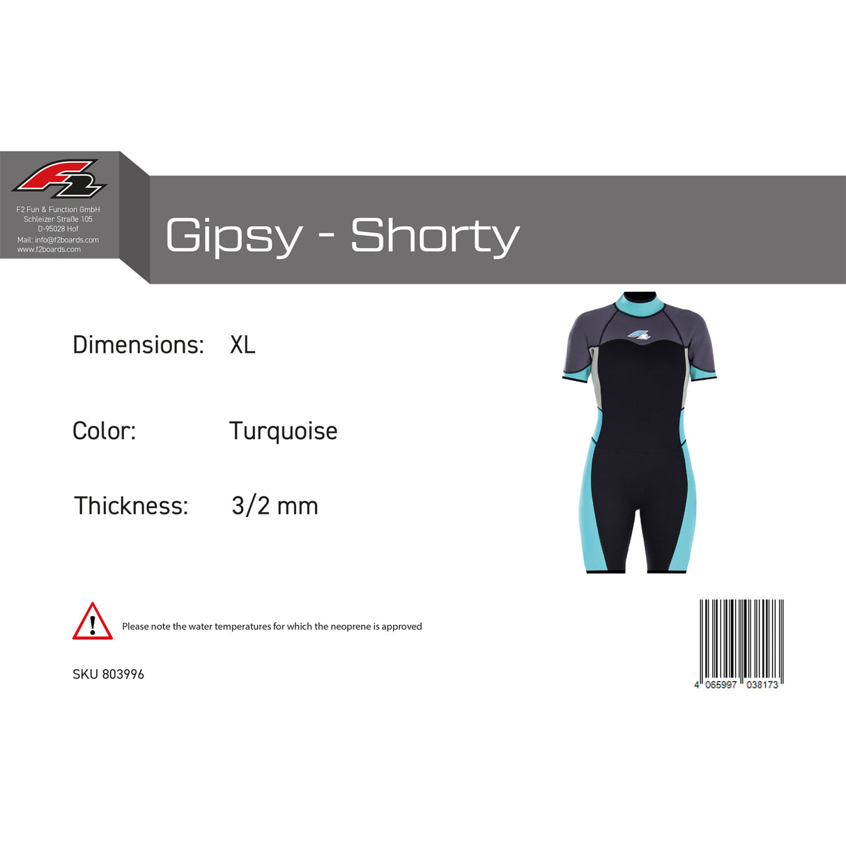 F2 Damen Neopren Anzug Gipsy - Shorty 3/2 mm Farbe/Größe wählbar 2024/25