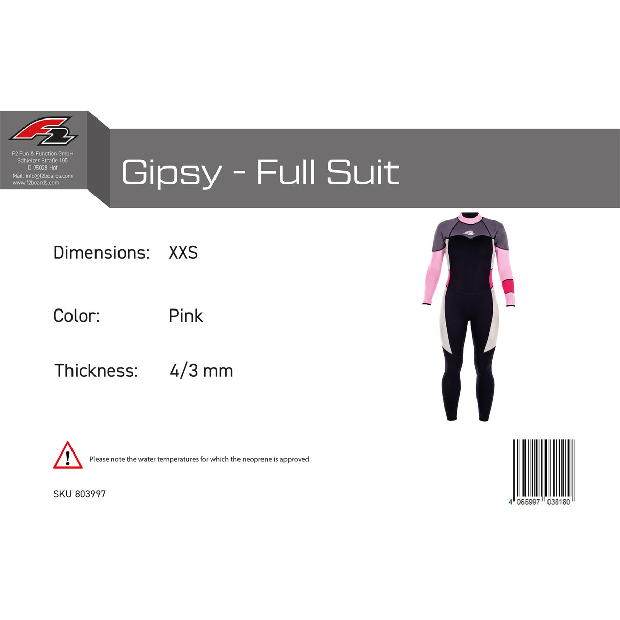F2 Damen Neopren Anzug Gipsy - Full Suit 4/3 mm Farbe/Größe wählbar 2024/25