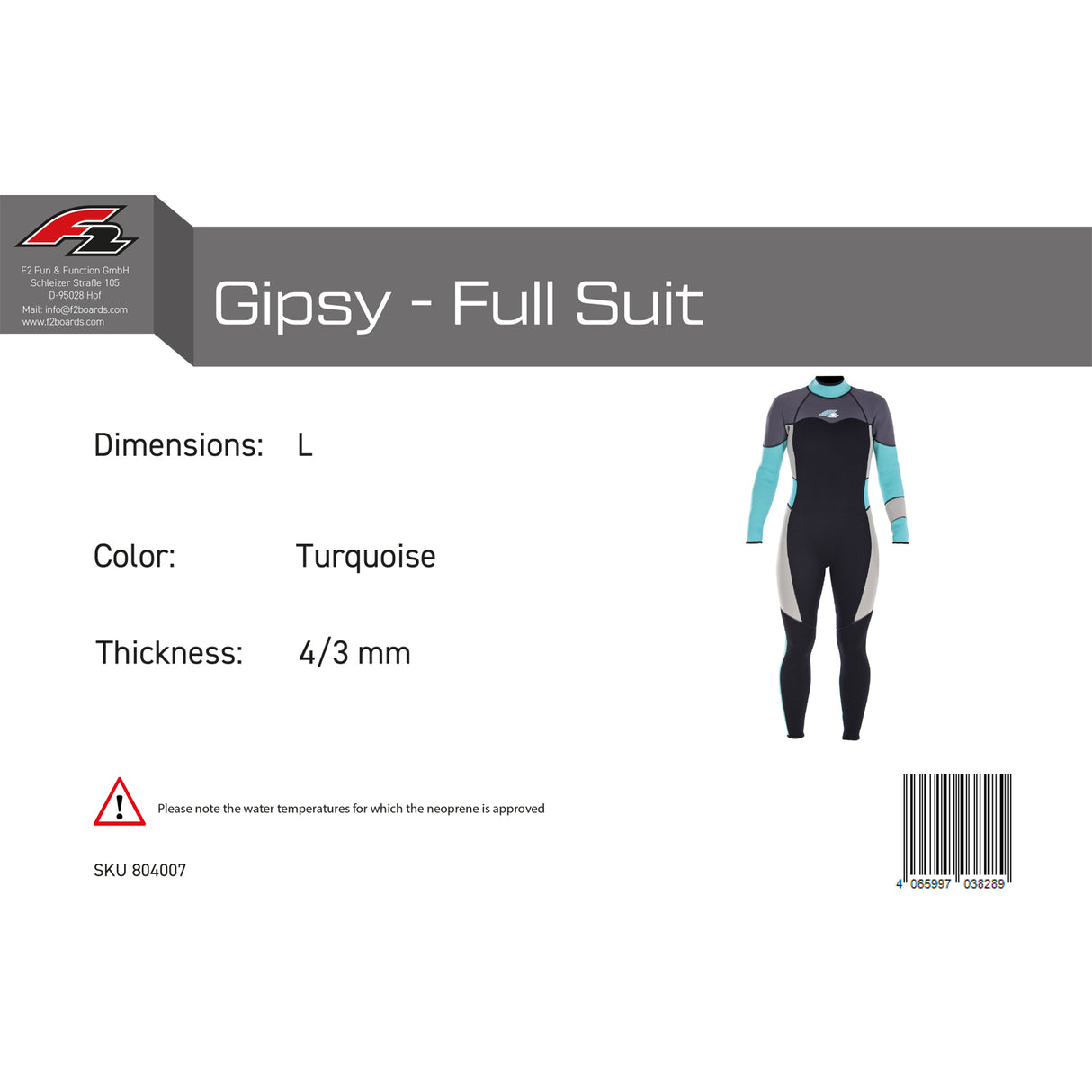 F2 Damen Neopren Anzug Gipsy - Full Suit 4/3 mm Farbe/Größe wählbar 2024/25