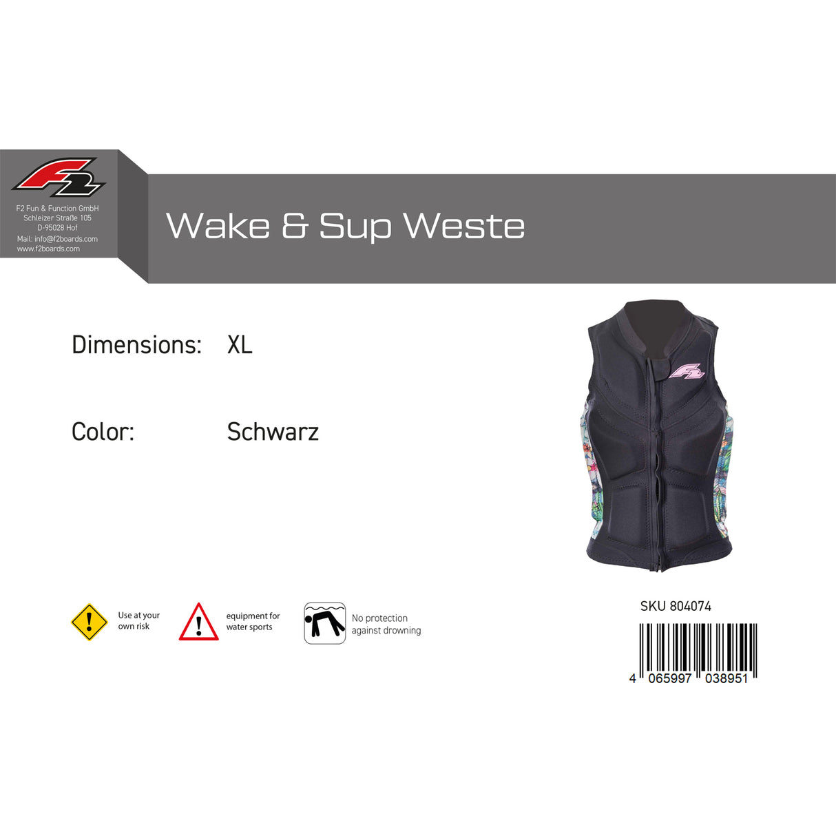 F2 Damen Prallschutz Weste Wake & Sup Weste S-XXL Größe wählbar Schwarz 2024/25
