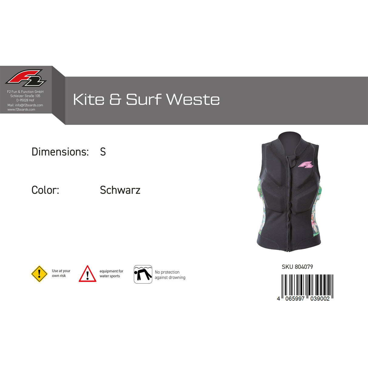 F2 Damen Prallschutz Weste Kite & Surf Weste S-XL Größe wählbar Schwarz 2024/25