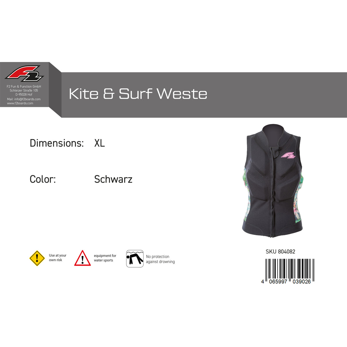 F2 Damen Prallschutz Weste Kite & Surf Weste S-XL Größe wählbar Schwarz 2024/25