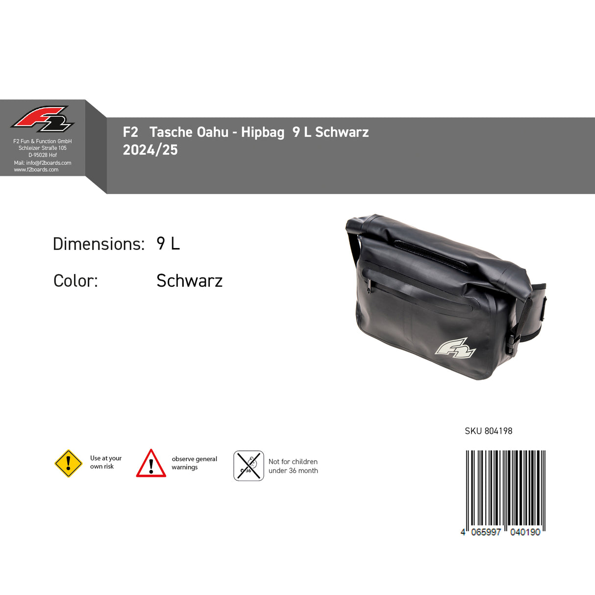 F2   Tasche Oahu - Hipbag  9 L Schwarz 2024/25