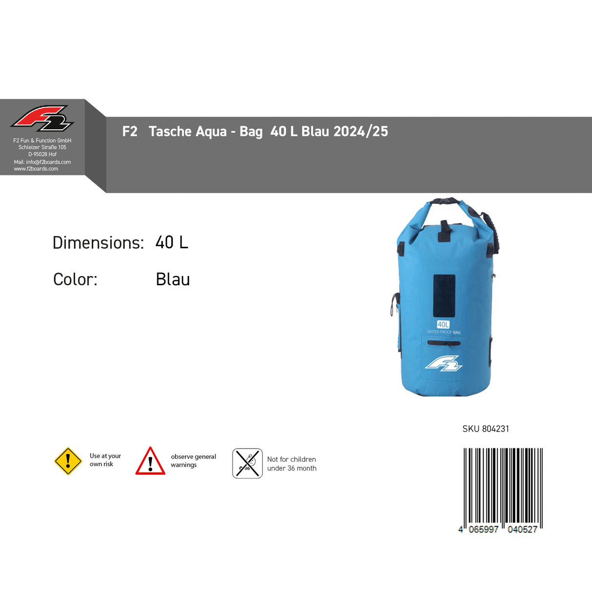 F2 Tasche Aqua - Bag 40L Schwarz/Blau Farbe wählbar 2024/25
