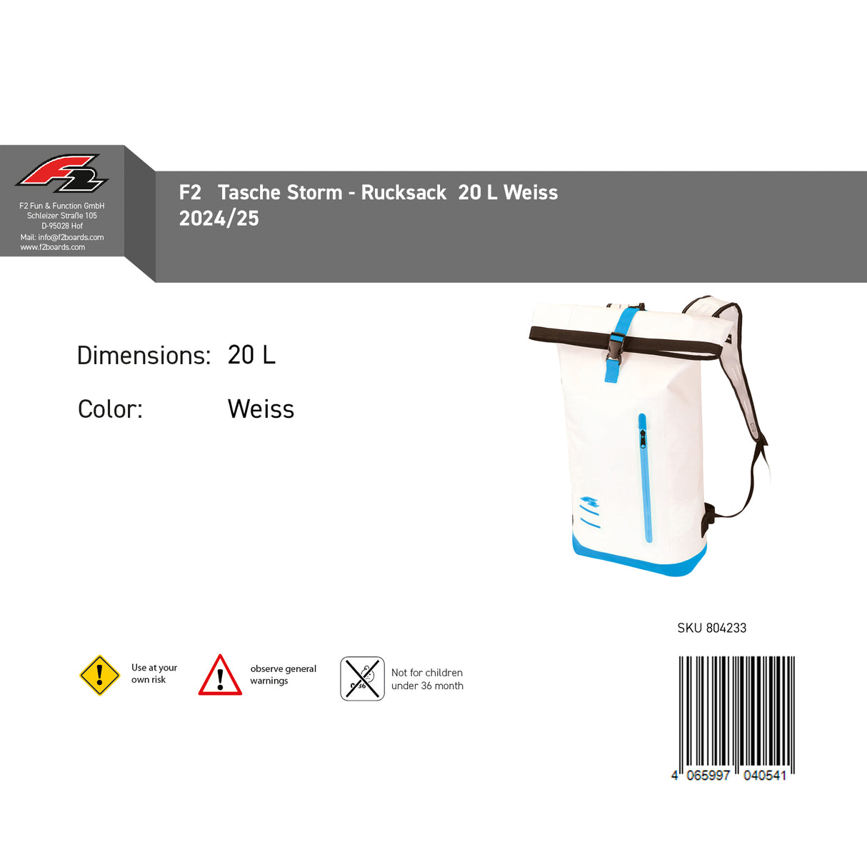 F2   Tasche Storm - Rucksack  20 L Weiss 2024/25