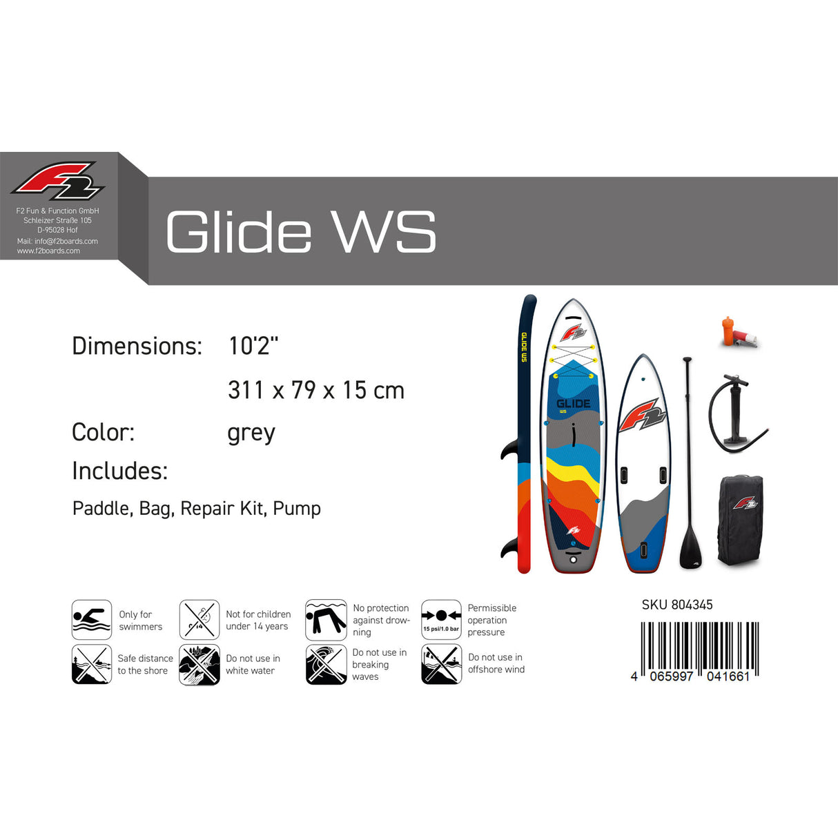F2  SUP Stand Up Paddle Board Glide WS 10'2''/10'8"/11'7" wählbar Grau