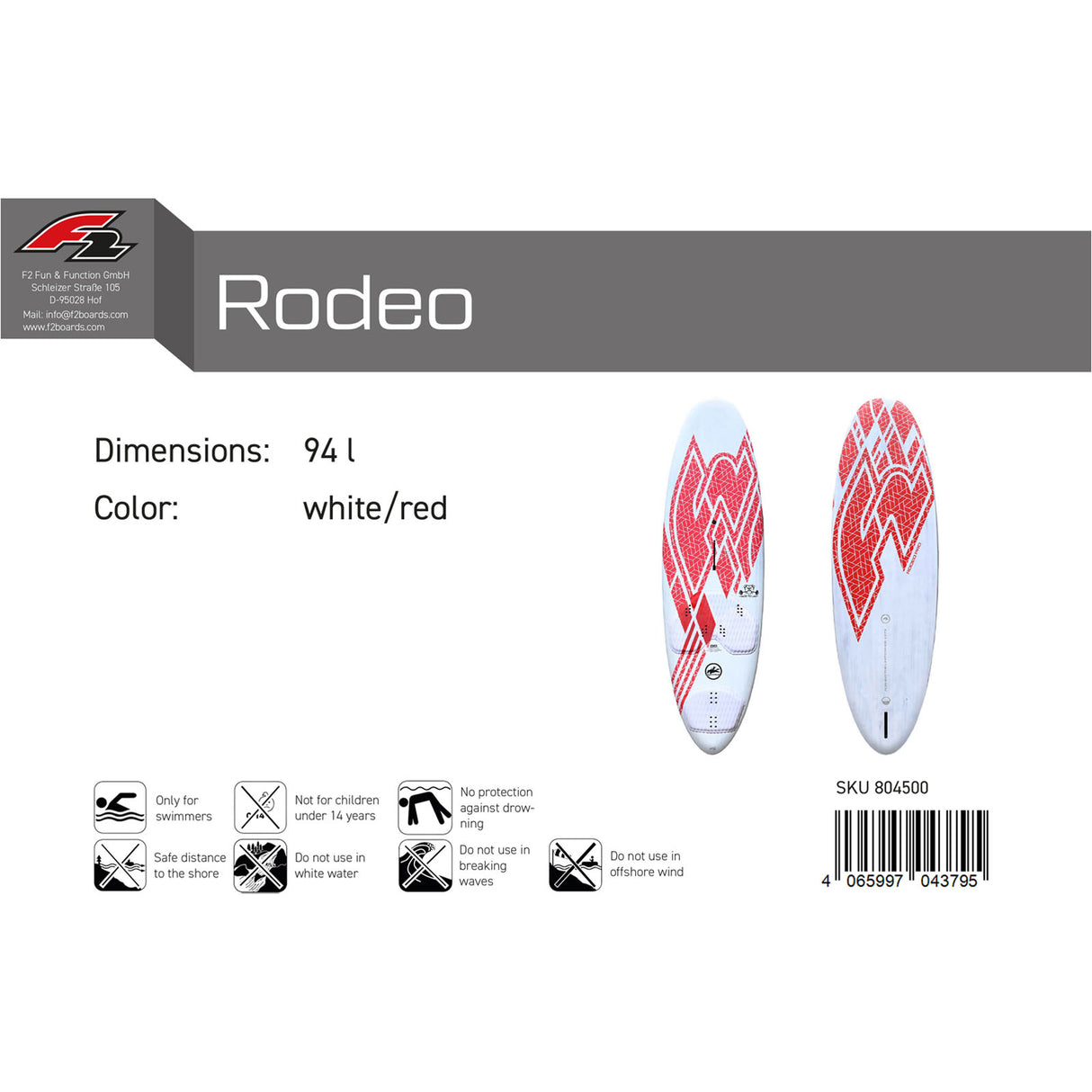F2 Windsurfboard Rodeo Pro 80-104L Größe wählbar Weiss/Rot 2024/25