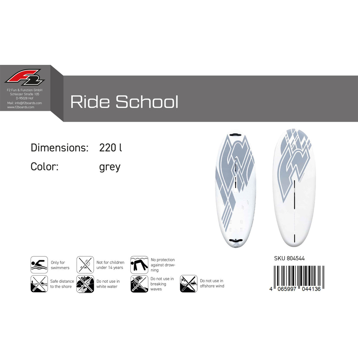 F2 Windsurfboard Ride School 160-220L Größe wählbar Grau