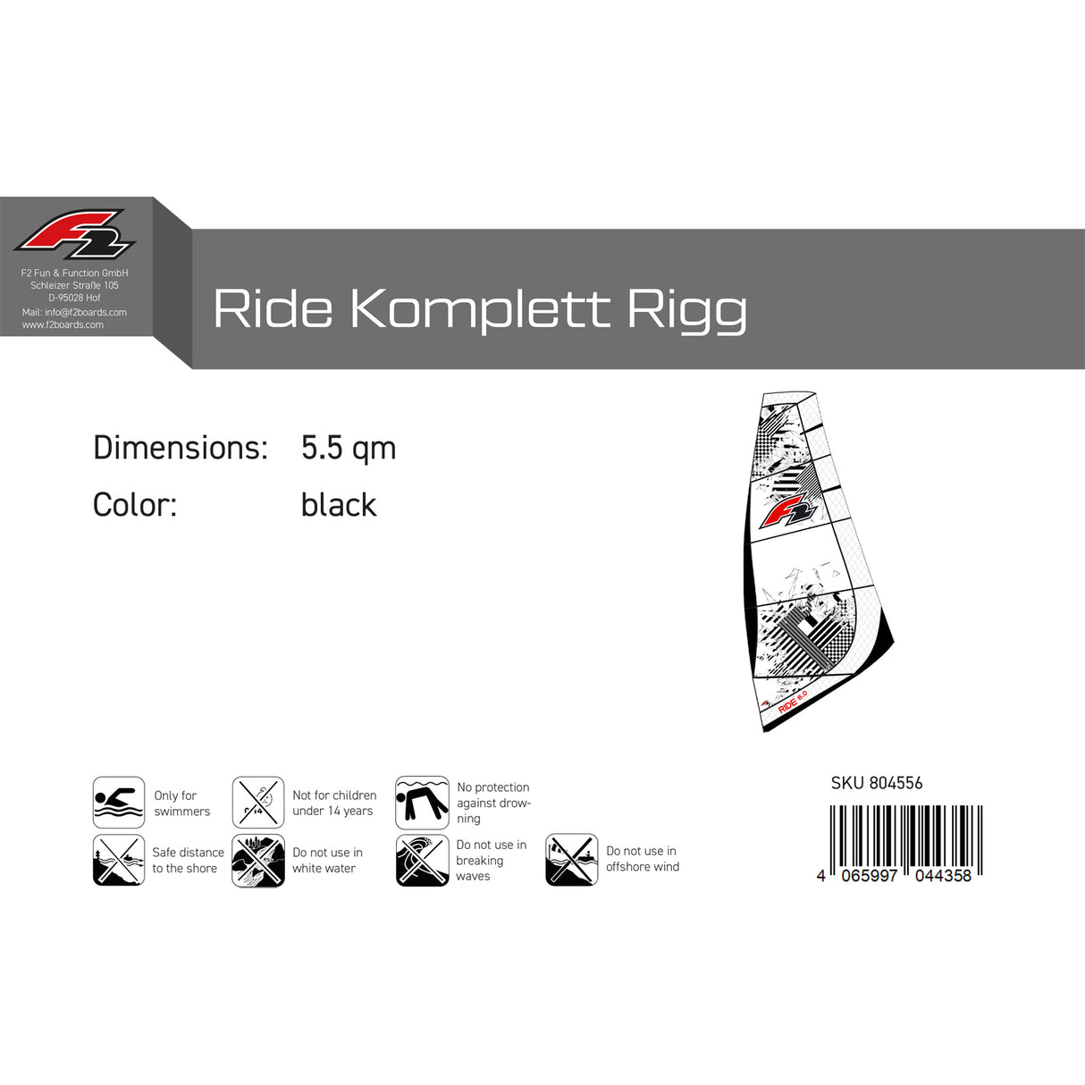 F2  Windsurf Segel Ride Komplett Rigg 5-7,5qm Größe wählbar Schwarz 2024/25