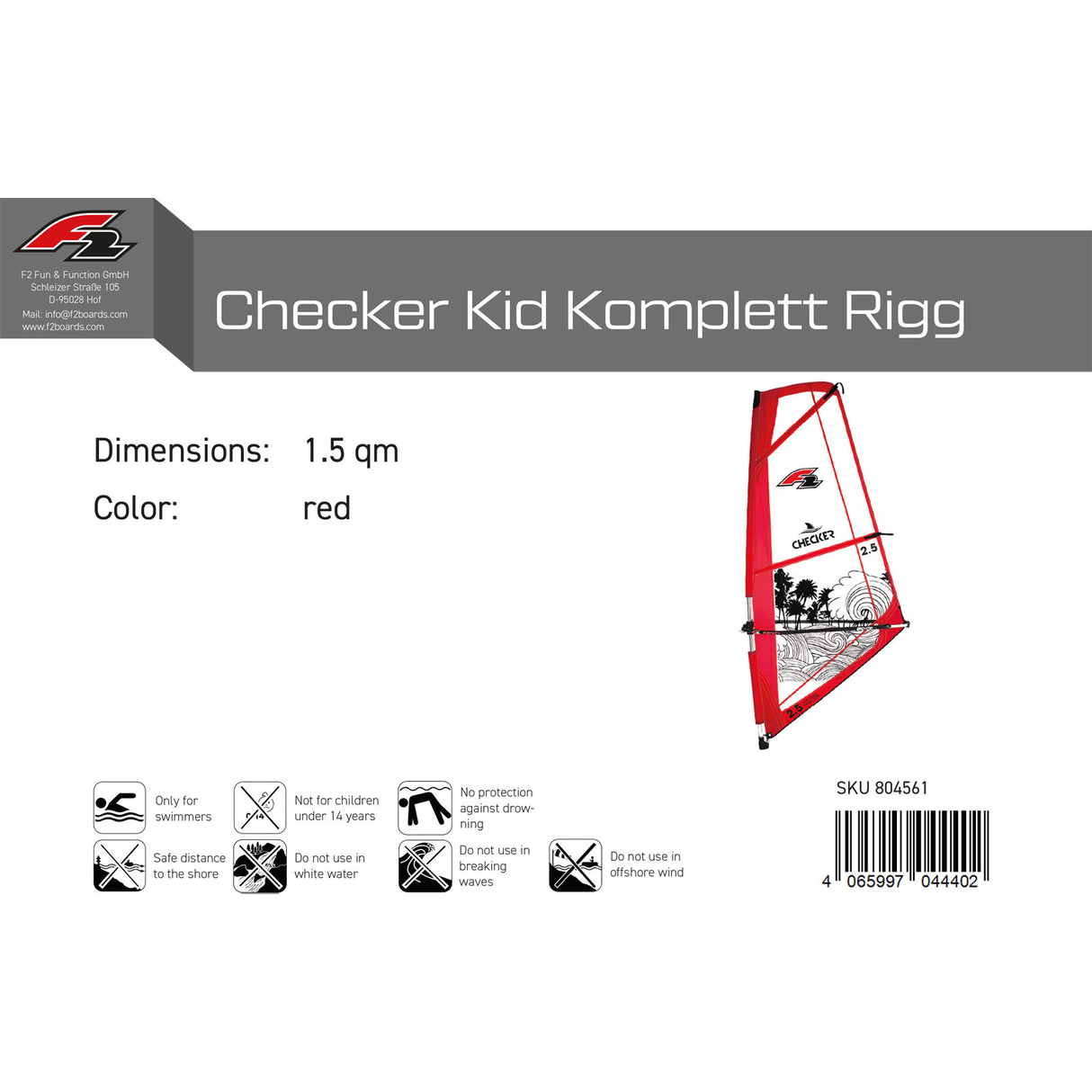 F2 Windsurf Segel Checker Kid Komplett Rigg 1,5-5,5qm Größe wählbar Rot 2024/25