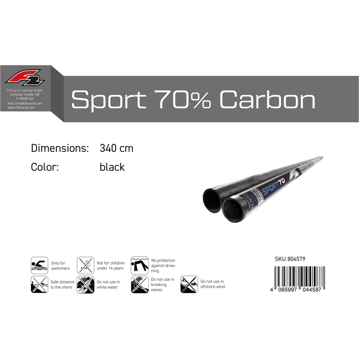 F2  Windsurf Mast Sport 70% Carbon RDM 270-460cm Größe wählen Schwarz 2024/25