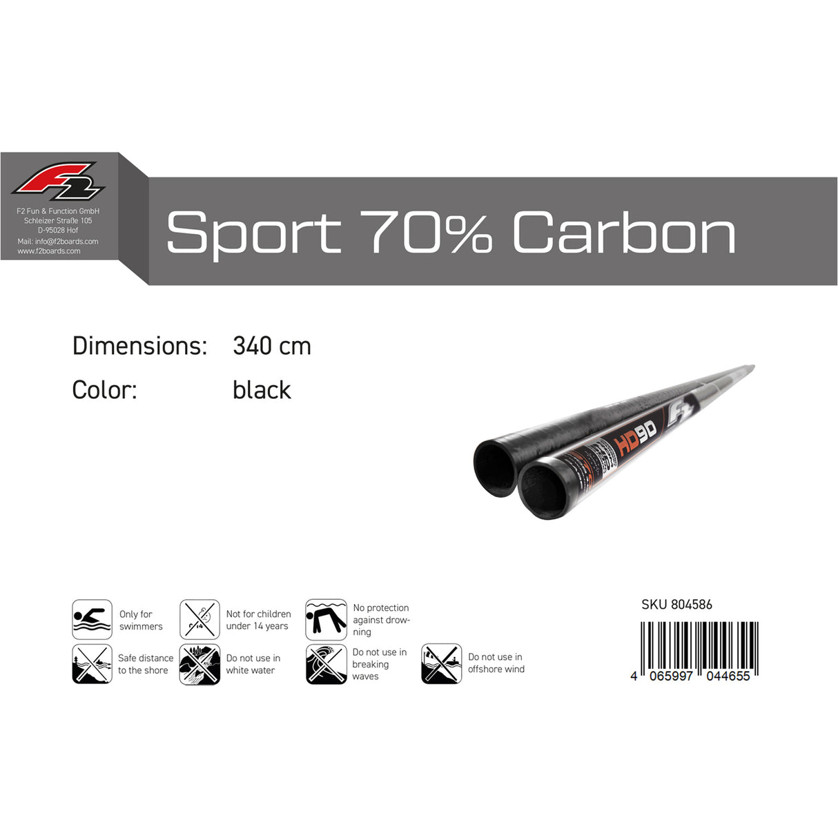 F2  Windsurf Mast Sport 90% Carbon RDM 270-460cm Größe wählen Schwarz 2024/25