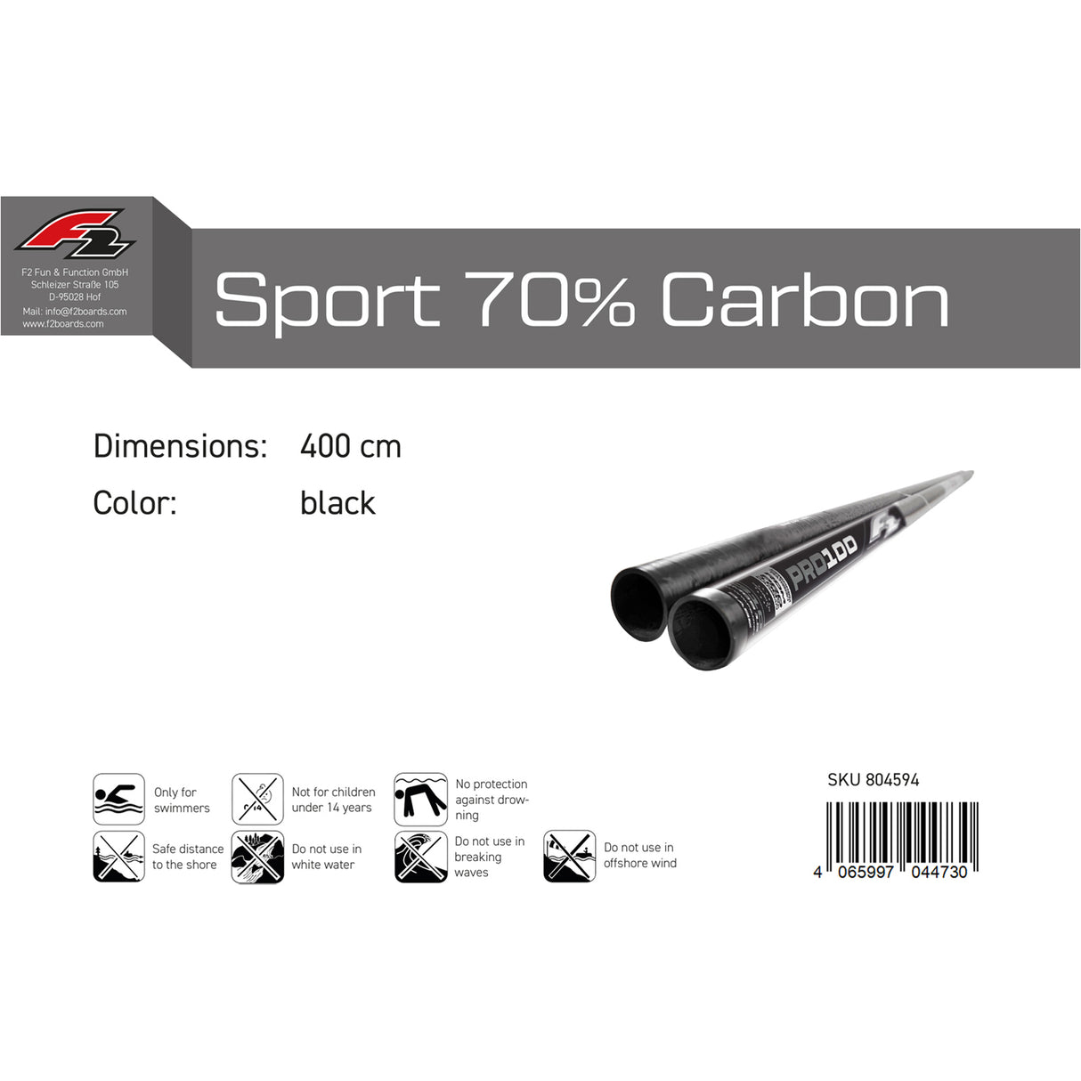 F2  Windsurf Mast Sport 100% Carbon RDM 310-460cm Größe wählen Schwarz 2024/25