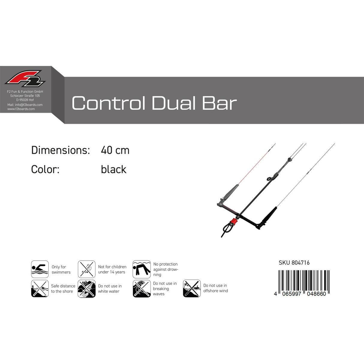 F2  Kitesurf Bar Control Dual Bar  40 cm Schwarz 2024/25