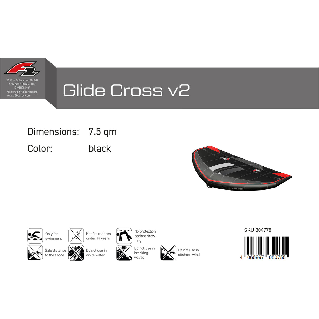 F2 Wing Glide Cross  Stiff Handle 3,5-7,5qm Größe wählbar Schwarz 2024/25