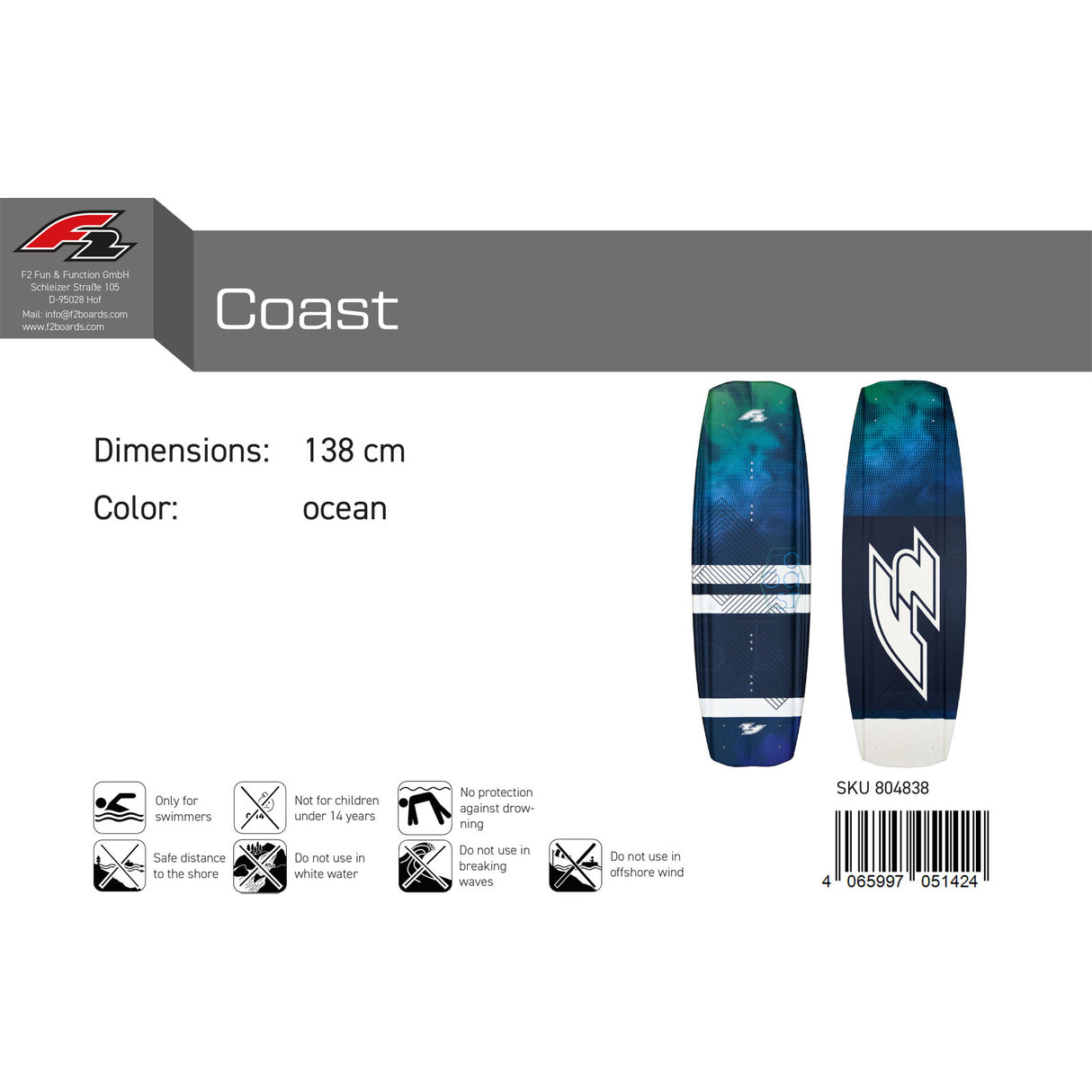 F2 Wakeboard Coast Größe/Farbe wählbar