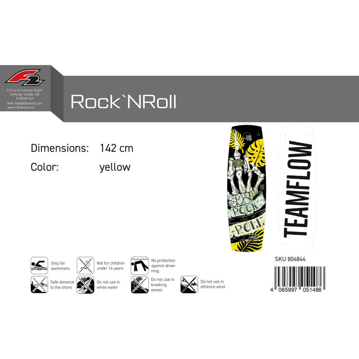F2 Wakeboard Rock`N´Roll Team Flow 136-148cm Größe wählbar Gelb 2025