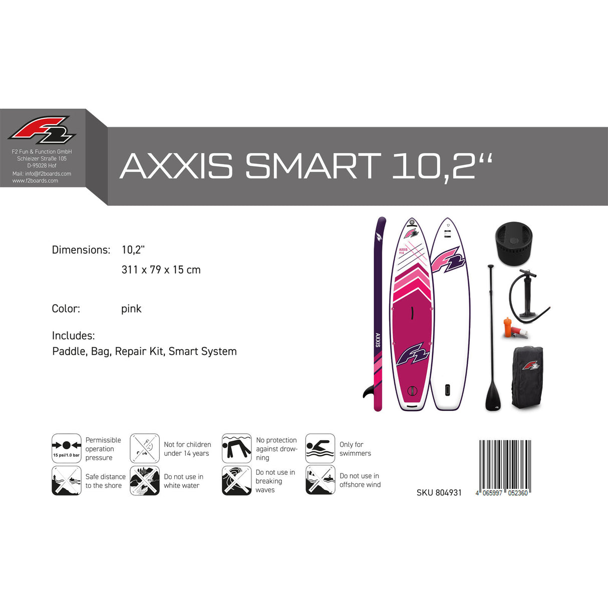 F2 Stand Up Paddle Board AXXIS SMART Damen SUP mit E-Pumpe Größe wählbar