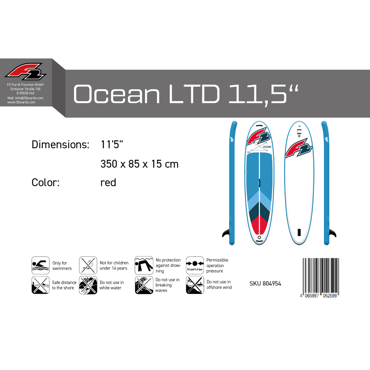 F2 Marken Stand Up Paddle Board OCEAN LTD Rot SUP Board Only  11'5 350cm
