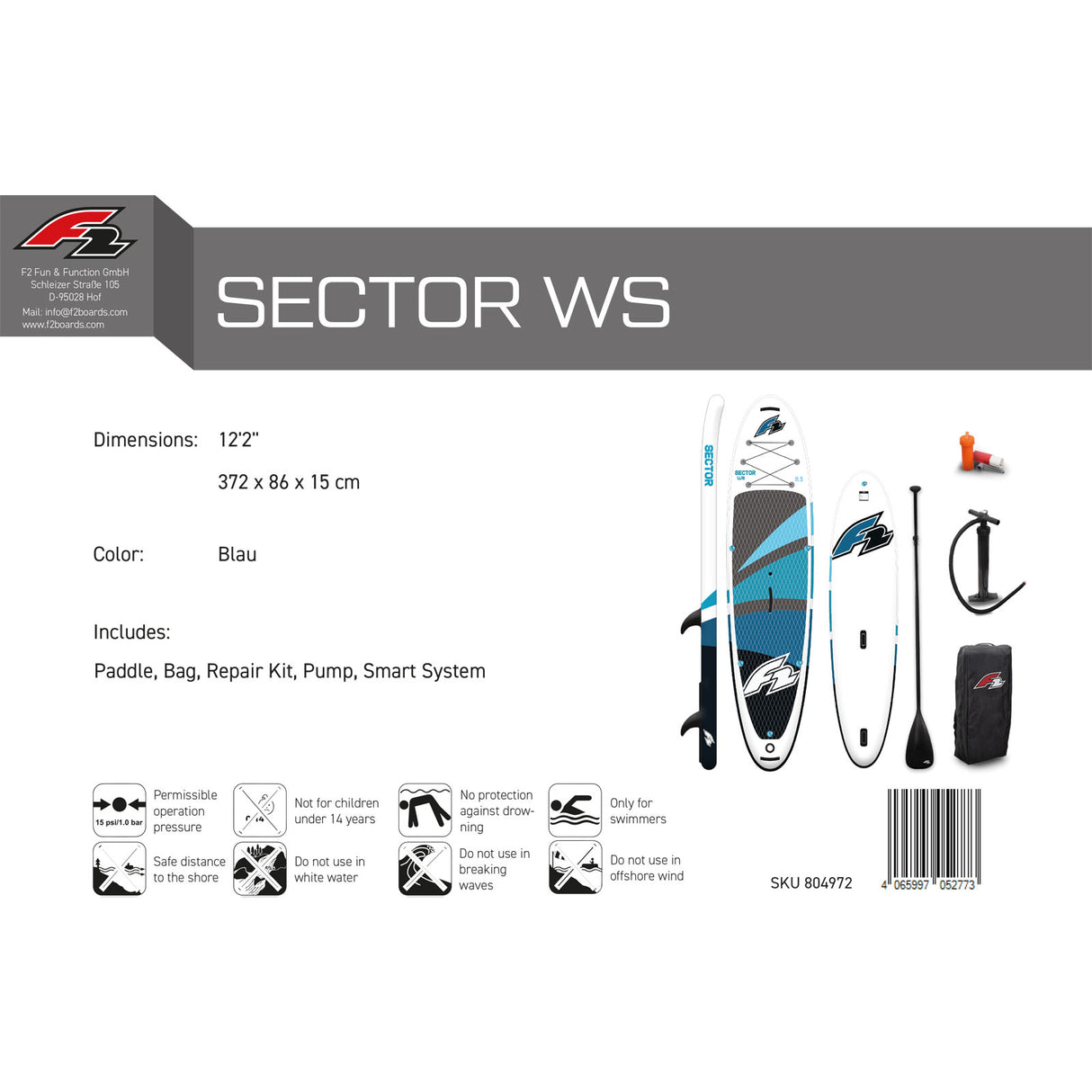 F2  Stand Up Paddle Board SECTOR WS Windsurf SUP Größe wählbar Blau 2024/2025