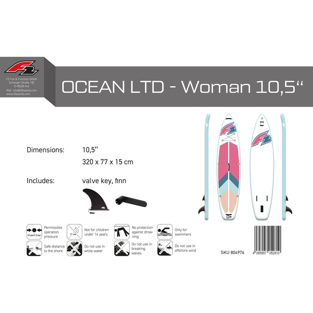 F2 Stand Up Paddle Board OCEAN LTD - Damen SUP Board Only Größe wählbar