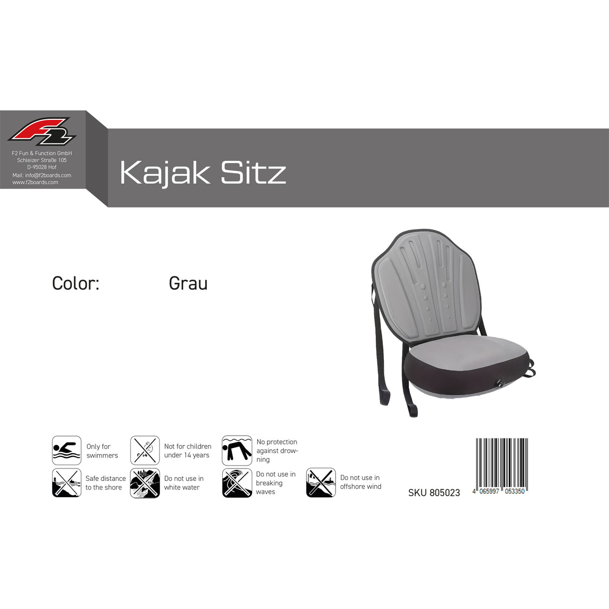 F2  Kajaksitz Kajak Sitz SUP Sitz Schwarz