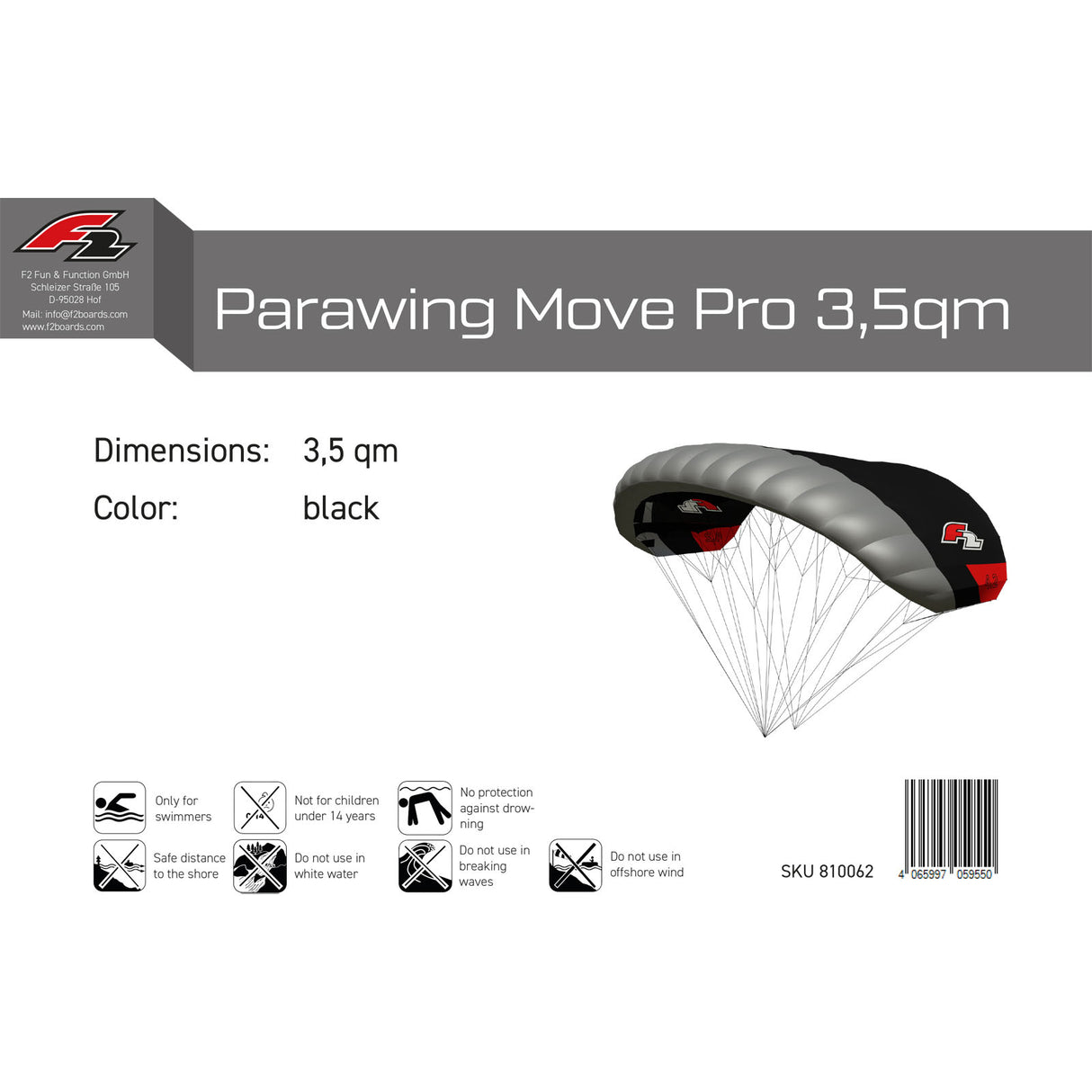 F2 Parawing Move Pro Wingfoil Wing Kitesurfing Größe wählbar Schwarz 2025