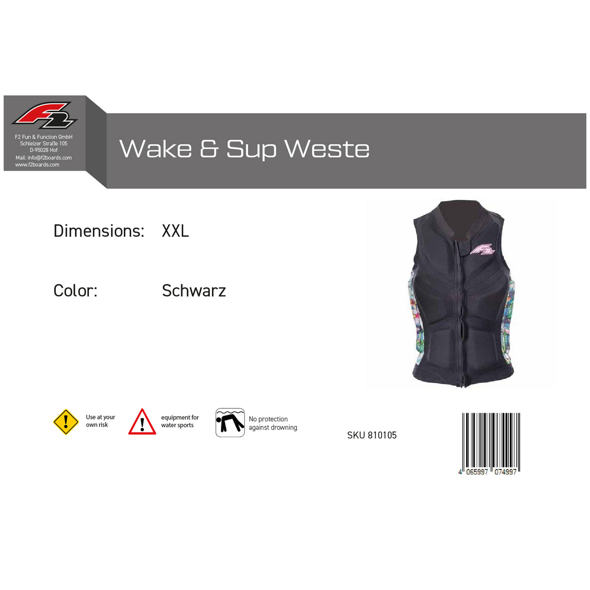 F2 Damen Prallschutz Weste Wake & Sup Weste S-XXL Größe wählbar Schwarz 2024/25