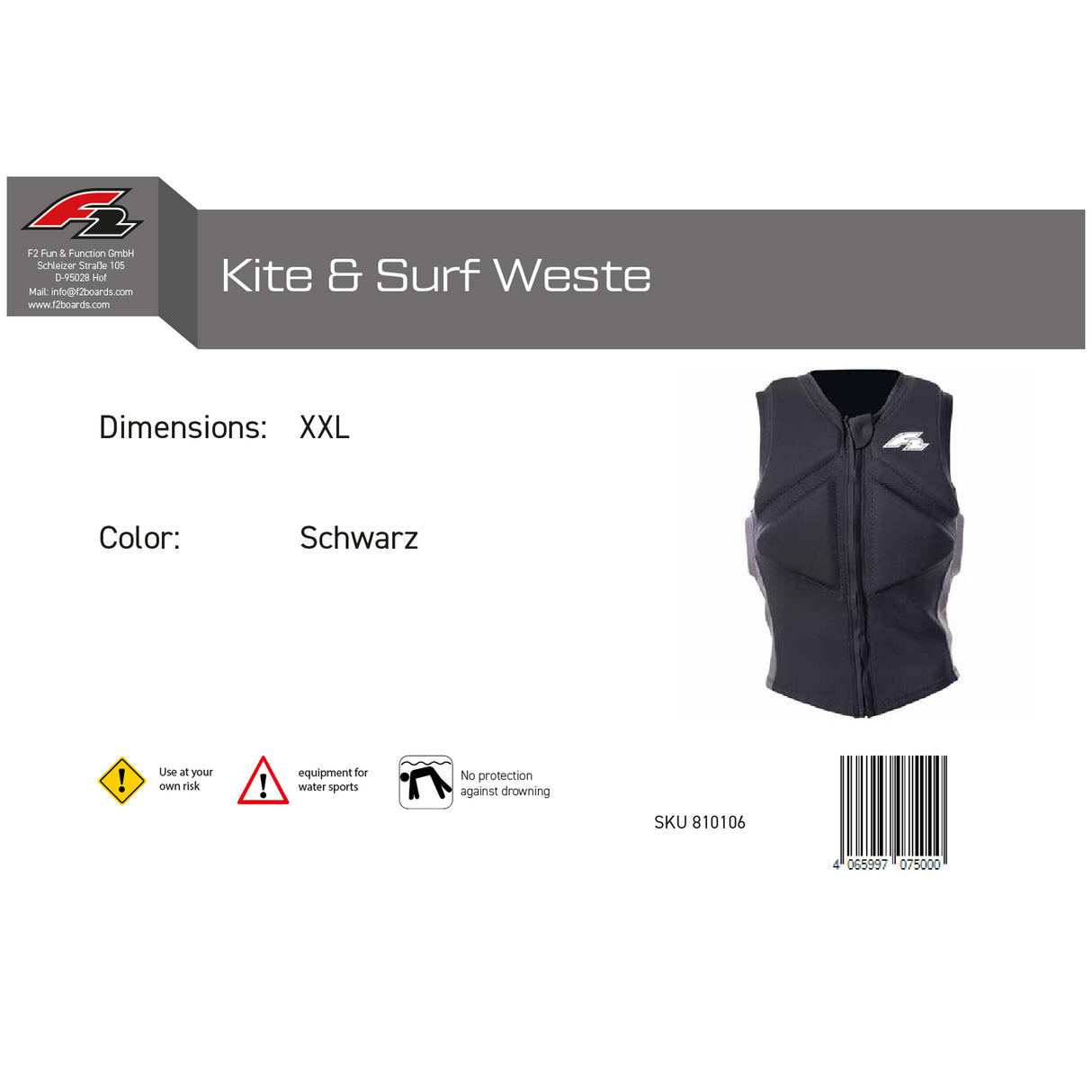 F2 Herren Prallschutz Weste Kite & Surf Weste S-XXL Größe wählbar Schwarz 2025